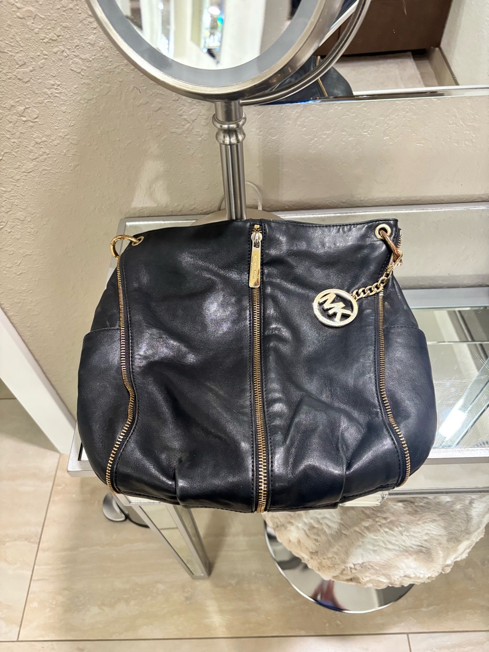 Michael Kors Black Leather Shoulder Tote with Gold Zipper Accents
